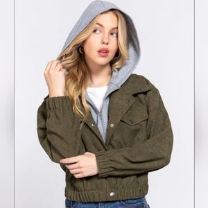 Hyfve Corduroy Jacket Hoodie Women M Olive Green Retro Y2K Fall Winter Cropped